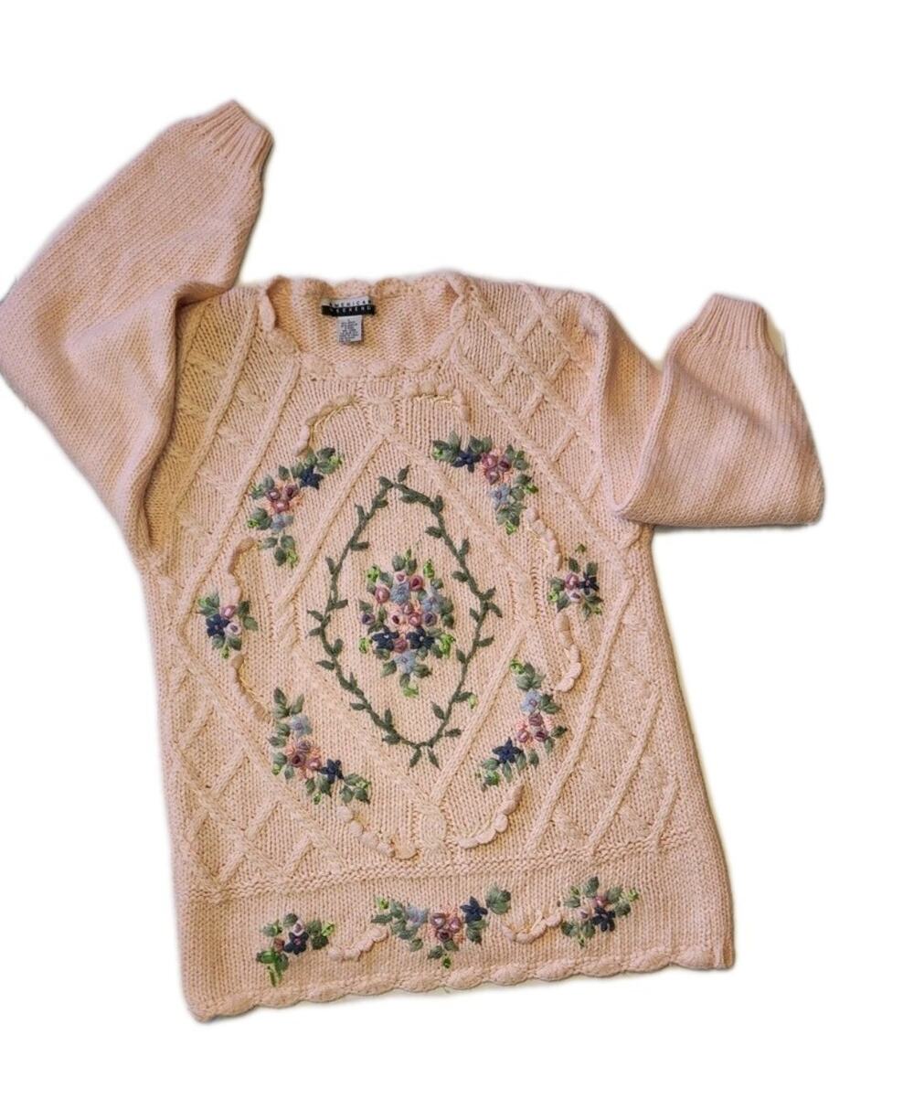 VNT 1980/90s American Weekend Womans L floral embroidered cable knit sweater.